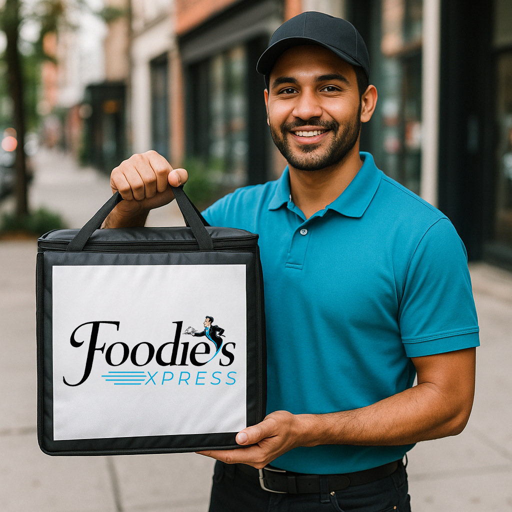 Professional Foodies Xpress delivery driver with branded delivery bag